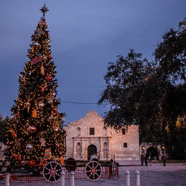 The Alamo facade with a Christmas tree in foreground