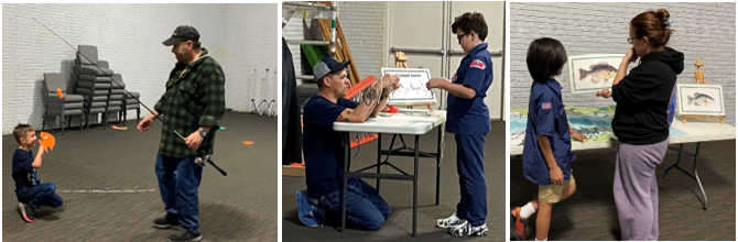 Pictures of scouts learning fishing skills