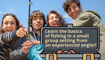 group of young anglers smiling, graphic of fish, link