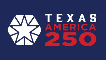 Texas-America250 logo - red words on navy background with white star
