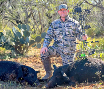Bowhunter with harvest of 2 wild hogs 