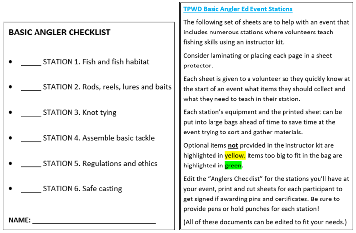 Basic Angler check sheet and orientation instructions. 