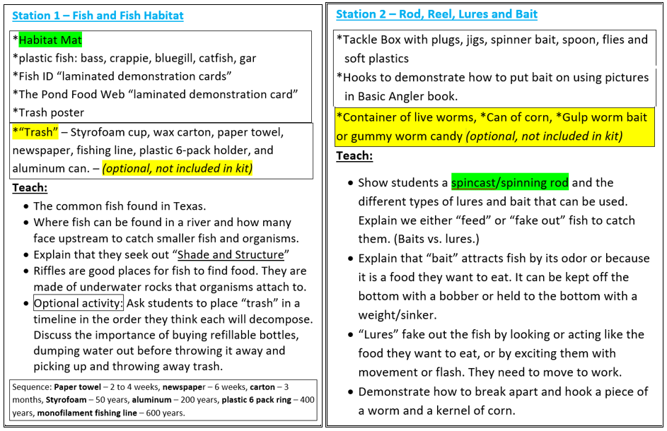 Station orientation sheets for 1 and 2