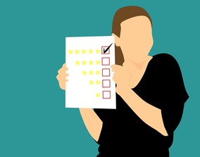 Woman holding five star rating sheet graphic