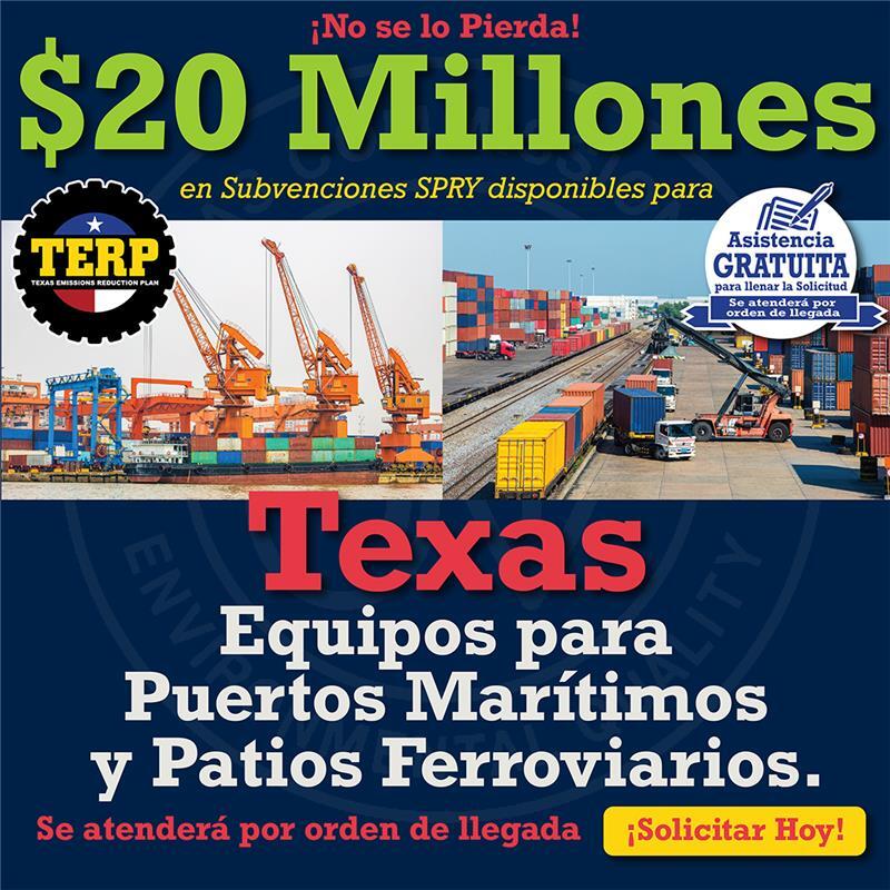 $20 millones en subvenciones SPRY disponibles para equipos en puertos marítimos y patios ferroviarios de Texas. Se atenderá por orden de llegada. 