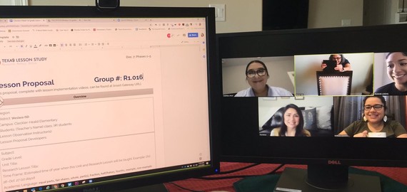 Document on left computer screen, virtual meeting with five people on the right computer screen