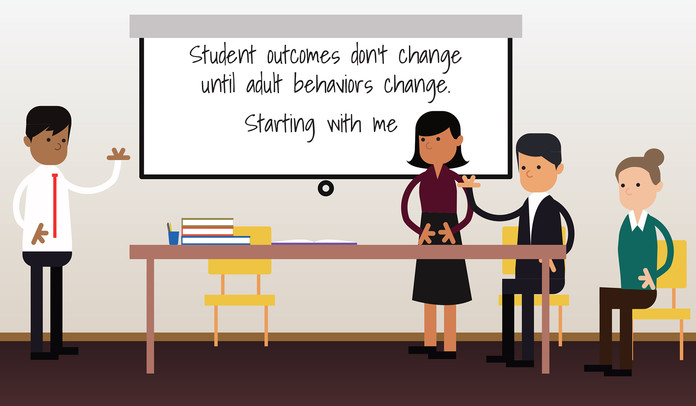 Classroom with whiteboard saying "Student outcomes don't change until adult behaviors change. Starting with me."