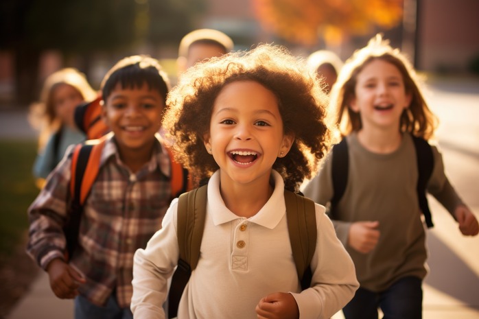 Children in school hallway laughing