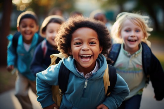 Children laughing in school hallway