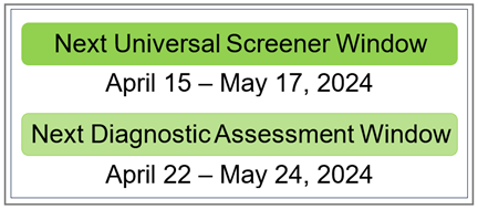 Universal Screener April 15 to May 17 and Diagnostic Assessment April 22 to May 24