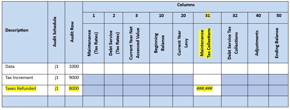 Annual Financial Report J-1 schedule with tax refunded row 8000 column31