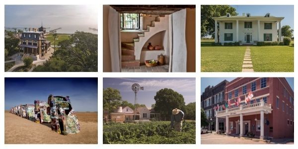 Grid of six heritage destinations: farm, downtown, historic homes, Cadillac Ranch