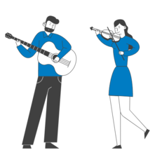 A man playing a guitar and a woman playing a fiddle. 