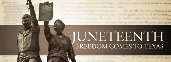 Statue of a Black man and woman striding forward, "Juneteenth: Freedom Comes to Texas"