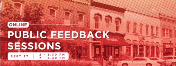 Graphic for September 27 Public Feedback Sessions showing historic storefronts along a street