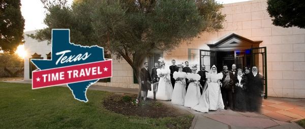 Texas Time Travel logo on composite photo of 19th-century people standing in front of present-day adobe building