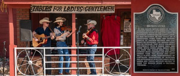 Trio of guitar and fiddle players on the porch of a historic dance hall, with an inset photo of a Texas historical marker