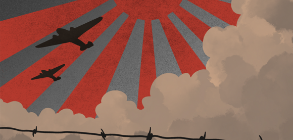 Graphic in the style of a WWII propaganda poster with the Japanese Rising Sun and two airplanes