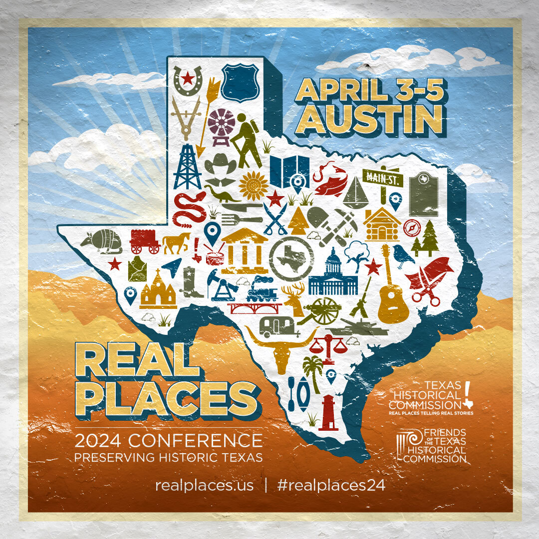 Real Places 2024 Logo featuring the state of Texas and various graphics such as a cattle skull, oil well, snake, armadillo.