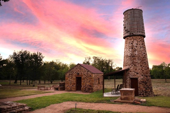 two brick structures in front of sunset in Mason County