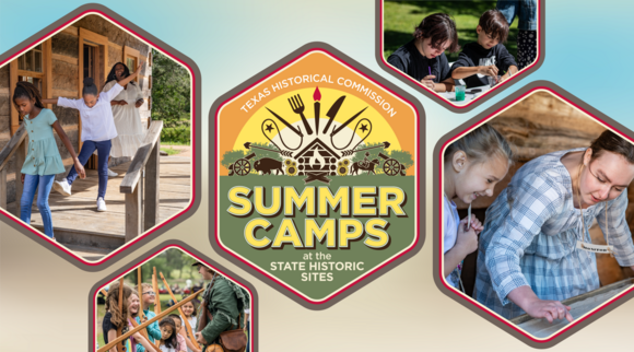 A graphic of six hexagons. One says State Historic Sites Summer Camps. Others are photographs of events at other state historic sites.