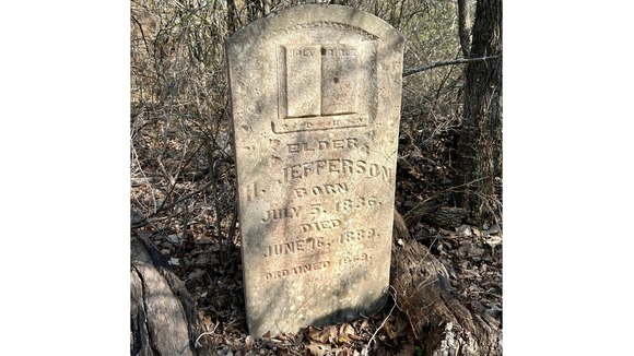 Close-up photograph of headstone for Elder Jefferson in the Hopewell Cemetery in Falls County, Texas