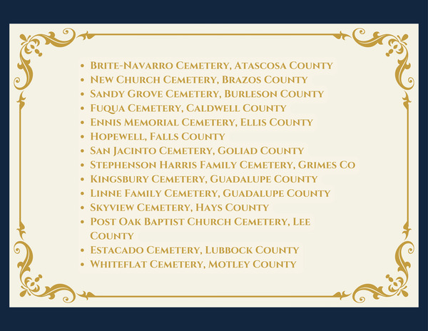 Color graphic containing a list of historic Texas cemeteries and their respective counties