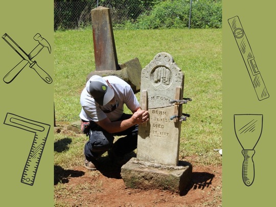 Graphic with sketches of hammer and chisels bordering a photo of a preservationist working in a cemetery