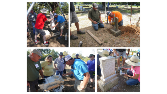 Collage of four color photographs of headstone repair workshops in Texas historic cemeteries