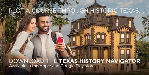 Banner promoting app with couple looking at phone in front of historic mansion