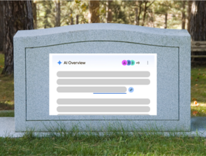 Graphic of granite headstone with an image of a Google AI Overview search result on the monument