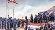 Illustration of Republic era Texas soldiers raising the American flag