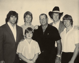 1980s black & white photo of six men of the Von Erichs professtional wrestling family from Dallas, Texas