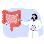 cartoon doctor pointing at colon 