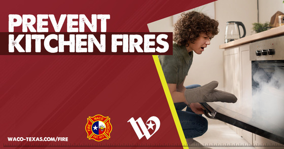 Prevent Kitchen Fires graphic with a person wearing an oven mitt in front of a smoking oven