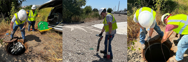 Three images of Water Utility Services workers searching for a hidden manhole