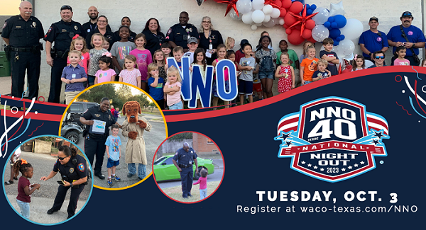 National Night Out 2023 graphic with images of Waco Police officers with the community.