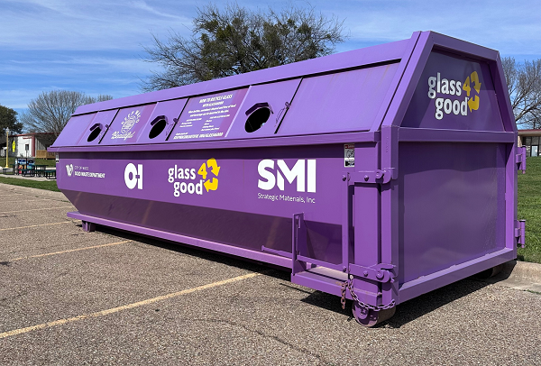 Purple Glass4Good glass recycling bin.