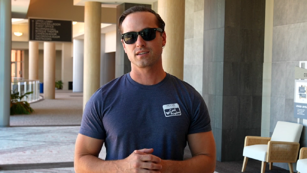 Waco Mayor Dillon Meek wearing sunglasses for neighborhood associations PSA.