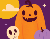 Cartoon Image of a night sky with a happy orange jack-o-lantern, purple pumpkin, and a happy skull.