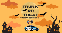 Graphic that reads Trunk or Treat on Tuesday, October 31 with the Waco and Waco ISD Police Badges and a police cruiser.
