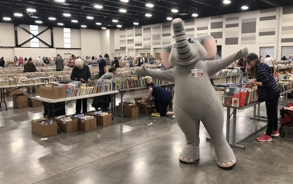Booker the elephant at the Friends of the Waco Library Book Sale
