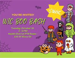 Graphic with text that reads You're invited to the WIC Boo Bash. Tuesday, October 31 with cartoon kids in Halloween costumes.