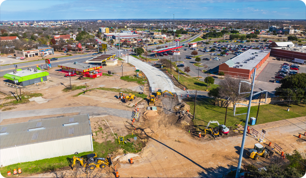 Aerial photo of the Bagby Avenue construction at the Irving Lee Street next to the Valley Mills HEB.