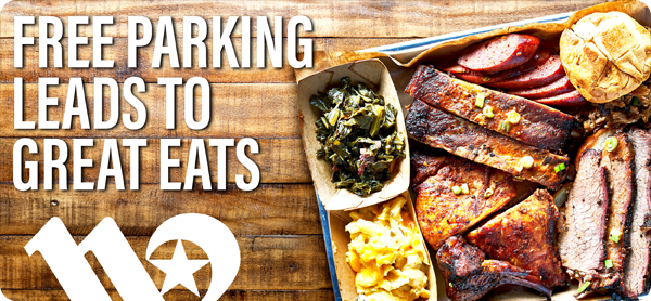 Image of a plate of barbecue with text that reads free parking leads to great eats.