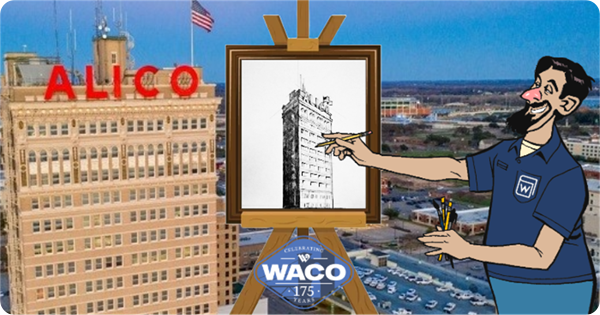 A cartoon of a man drawing the ALICO building in front of the ALICO building.