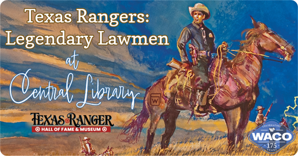 An painting of a Texas Ranger on a horse in a grassy field with a blue sky