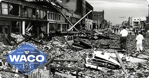 Debris and destruction in Downtown Waco after 1953 tornado.