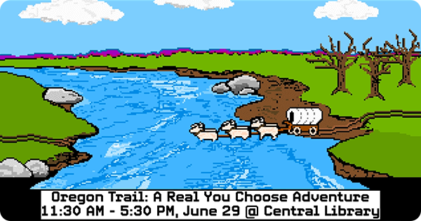 A pixelated image of oxen crossing a river with a covered wagon.