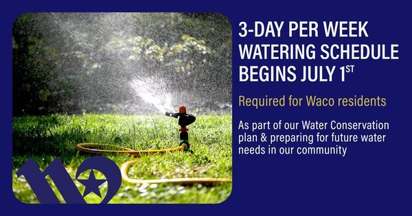 flyer with a picture of a sprinkler informing that 3 days per week watering starts july 1st